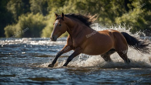 Dynamic Horse Charging Through River Amidst Scenic Forest