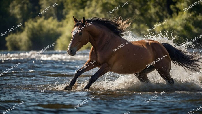 Dynamic Horse Charging Through River Amidst Scenic Forest