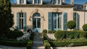 French Country Mansion with Blue Shutters and Elegant Gardens
