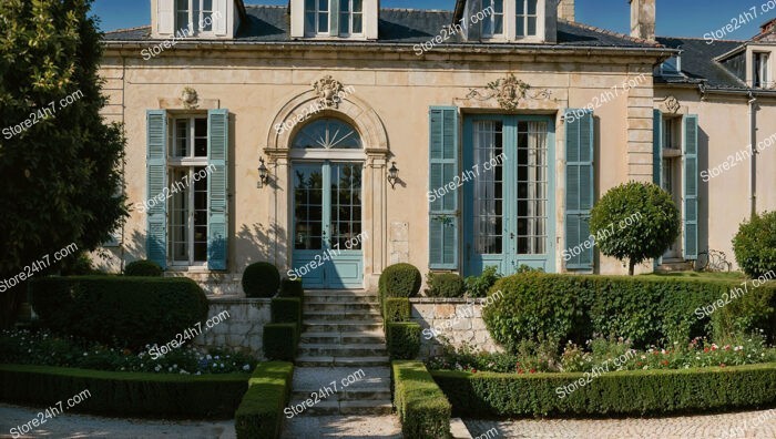 French Country Mansion with Blue Shutters and Elegant Gardens