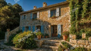 Charming Stone House with Blue Shutters and Lush Garden