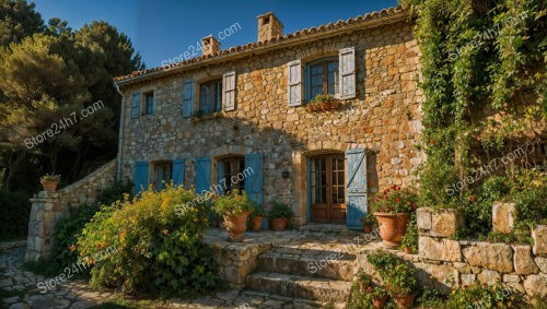 Charming Stone House with Blue Shutters and Lush Garden