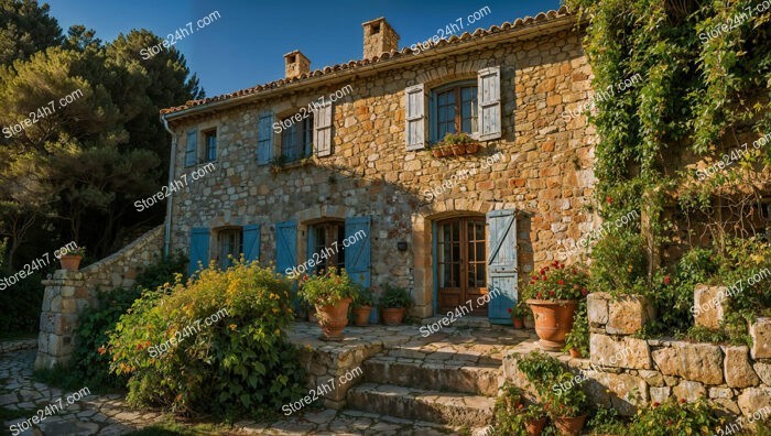 Charming Stone House with Blue Shutters and Lush Garden