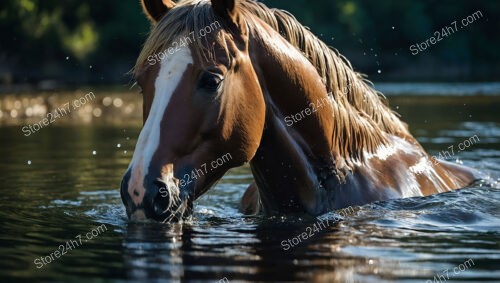 Chestnut Horse Crossing Tranquil Water Under Sunshine