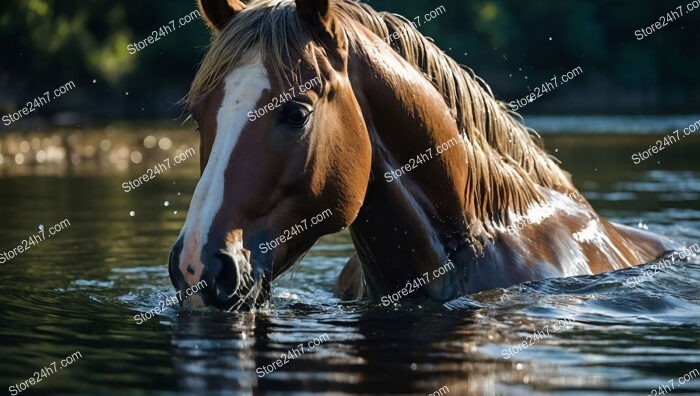 Chestnut Horse Crossing Tranquil Water Under Sunshine