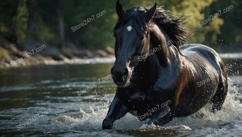 Black Horse Galloping Through River Splashing Dramatically