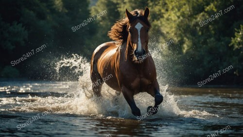 Galloping Horse Splashes Through Shimmering River Water
