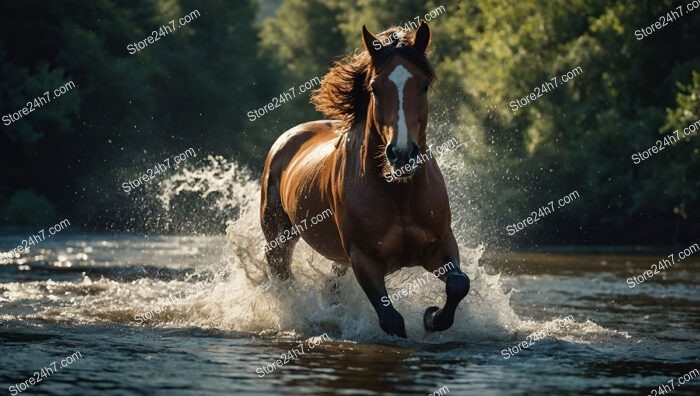 Galloping Horse Splashes Through Shimmering River Water