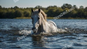 Graceful Horse Crossing Serene Water on a Sunny Day