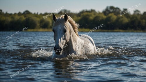Graceful Horse Crossing Serene Water on a Sunny Day