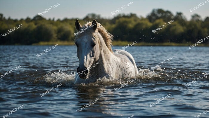 Graceful Horse Crossing Serene Water on a Sunny Day