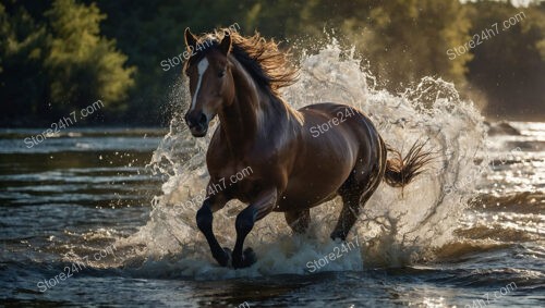 Powerful Brown Horse Galloping Through River's Splashes at Sunset