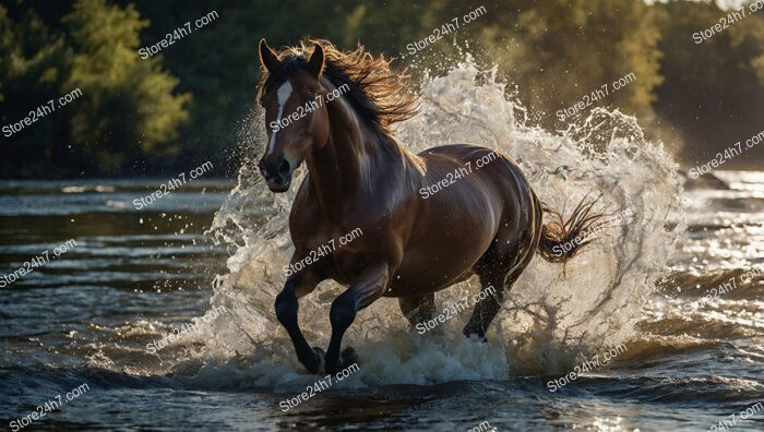 Powerful Brown Horse Galloping Through River's Splashes at Sunset