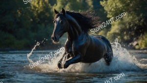 Black Horse Galloping Through River Splashing Water Dramatically