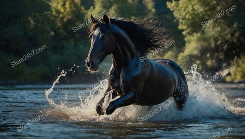 Black Horse Galloping Through River Splashing Water Dramatically