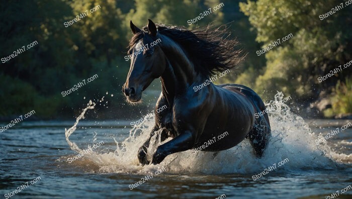 Black Horse Galloping Through River Splashing Water Dramatically