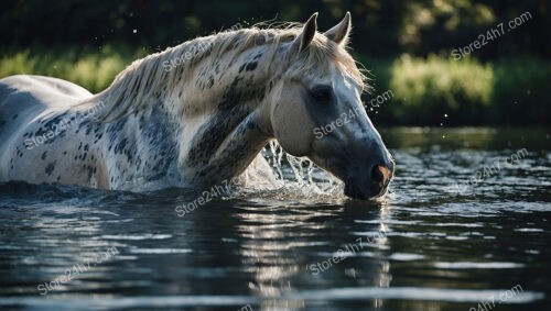 Spotted White Horse Wading Through Tranquil River Waters