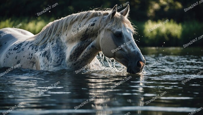 Spotted White Horse Wading Through Tranquil River Waters