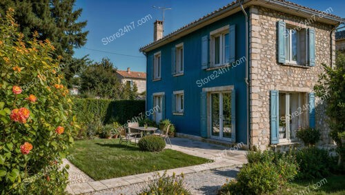 Blue Suburban House with Lush Garden Near Paris