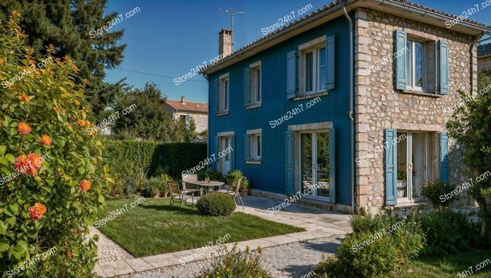 Blue Suburban House with Lush Garden Near Paris