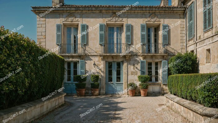 French Country Manor with Blue Shutters and Lush Greenery