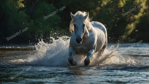 White Horse Galloping Through River Splashing Water Everywhere