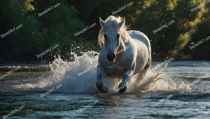 White Horse Galloping Through River Splashing Water Everywhere