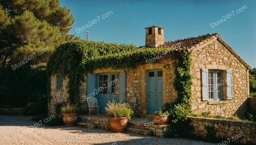 Charming Stone House with Blue Shutters and Lush Greenery