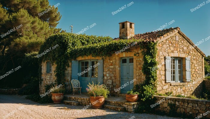 Charming Stone House with Blue Shutters and Lush Greenery