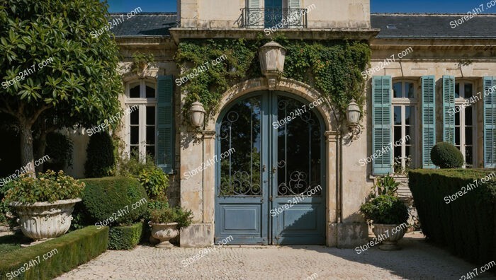 French Country Mansion with Blue Shutters and Garden Oasis