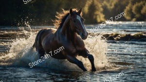 Majestic Brown Horse Galloping Through River Splashing Water