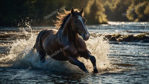 Majestic Brown Horse Galloping Through River Splashing Water