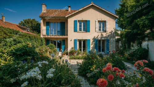 French Suburban House with Colorful Flower Garden