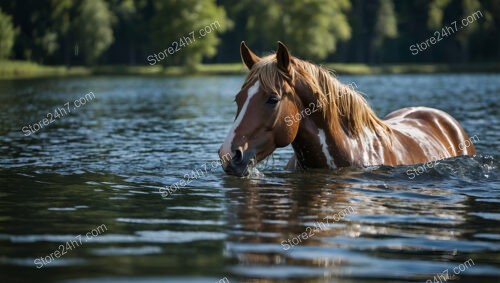 Graceful Chestnut Horse Wading Through Serene River Waters