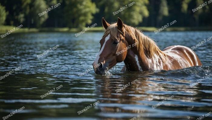 Graceful Chestnut Horse Wading Through Serene River Waters