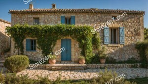 Quaint Stone House with Blue Shutters and Greenery in France