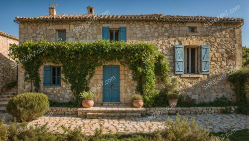 Quaint Stone House with Blue Shutters and Greenery in France