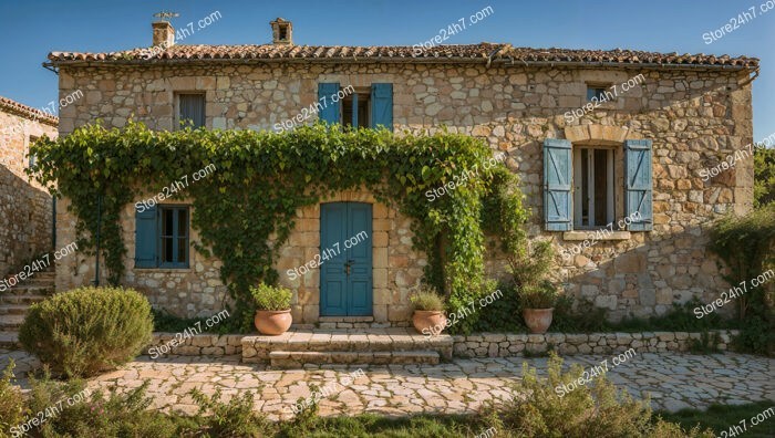 Quaint Stone House with Blue Shutters and Greenery in France