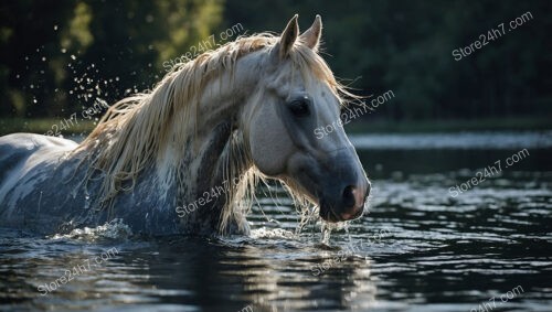 Majestic White Horse Wading Through Tranquil Lake Water
