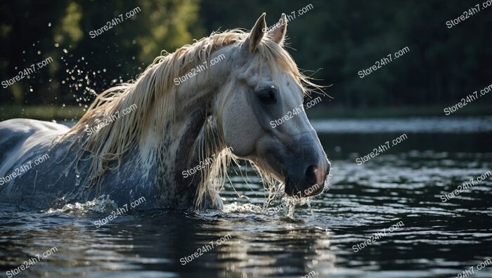 Majestic White Horse Wading Through Tranquil Lake Water