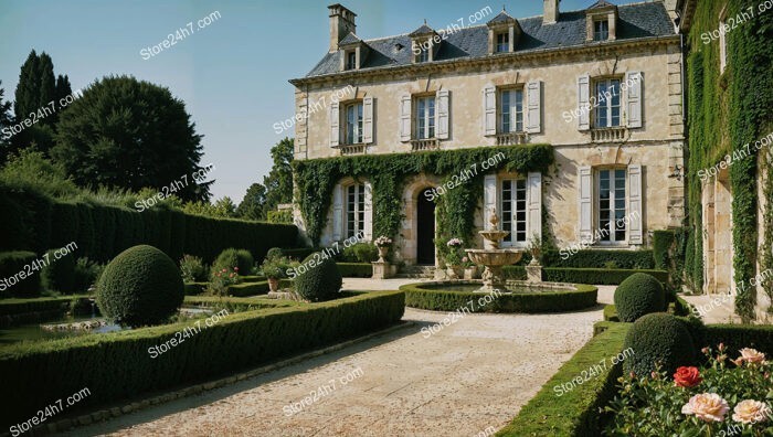 French Country Mansion with Lush Gardens and Fountain