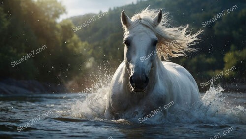 White Horse Galloping Majestically Through Shallow River Waters