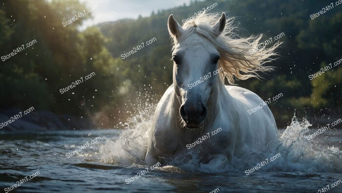 White Horse Galloping Majestically Through Shallow River Waters