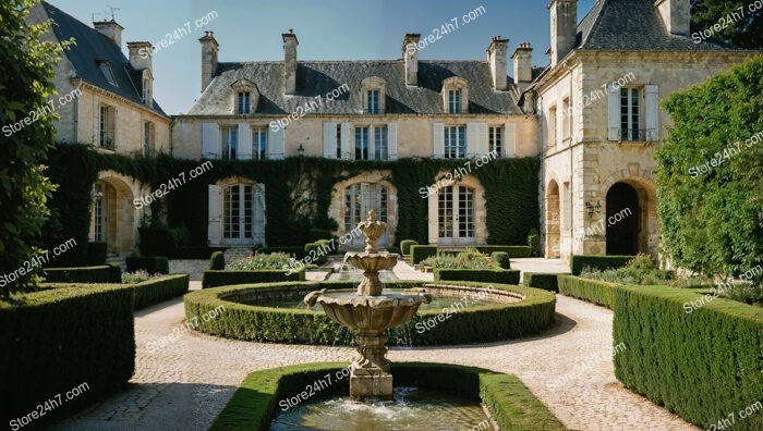 French Country Mansion with Ivy-Covered Walls and Fountain