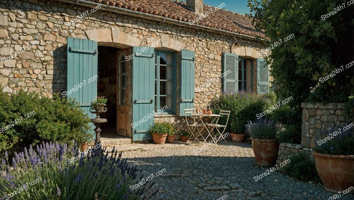 Stone House with Rustic Shutters and Cozy Courtyard