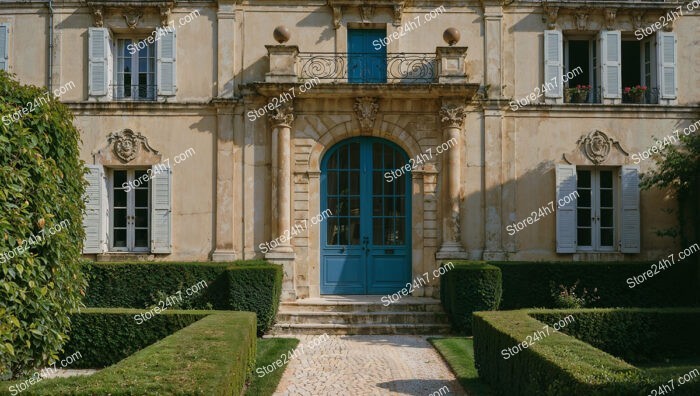 Elegant French Country Manor with Blue Shutters