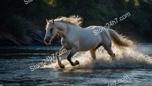 White Horse Galloping Through Water With Splashes