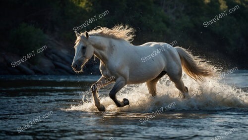 White Horse Galloping Through Water With Splashes