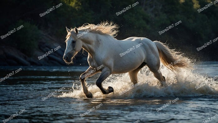 White Horse Galloping Through Water With Splashes