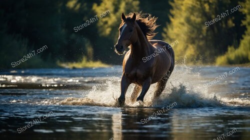 Majestic Brown Horse Galloping Through Sparkling River Water